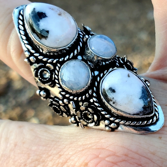 New Zebra Jasper and Rainbow Moonstone 925 Silver Statement Ring. - Picture 6 of 16